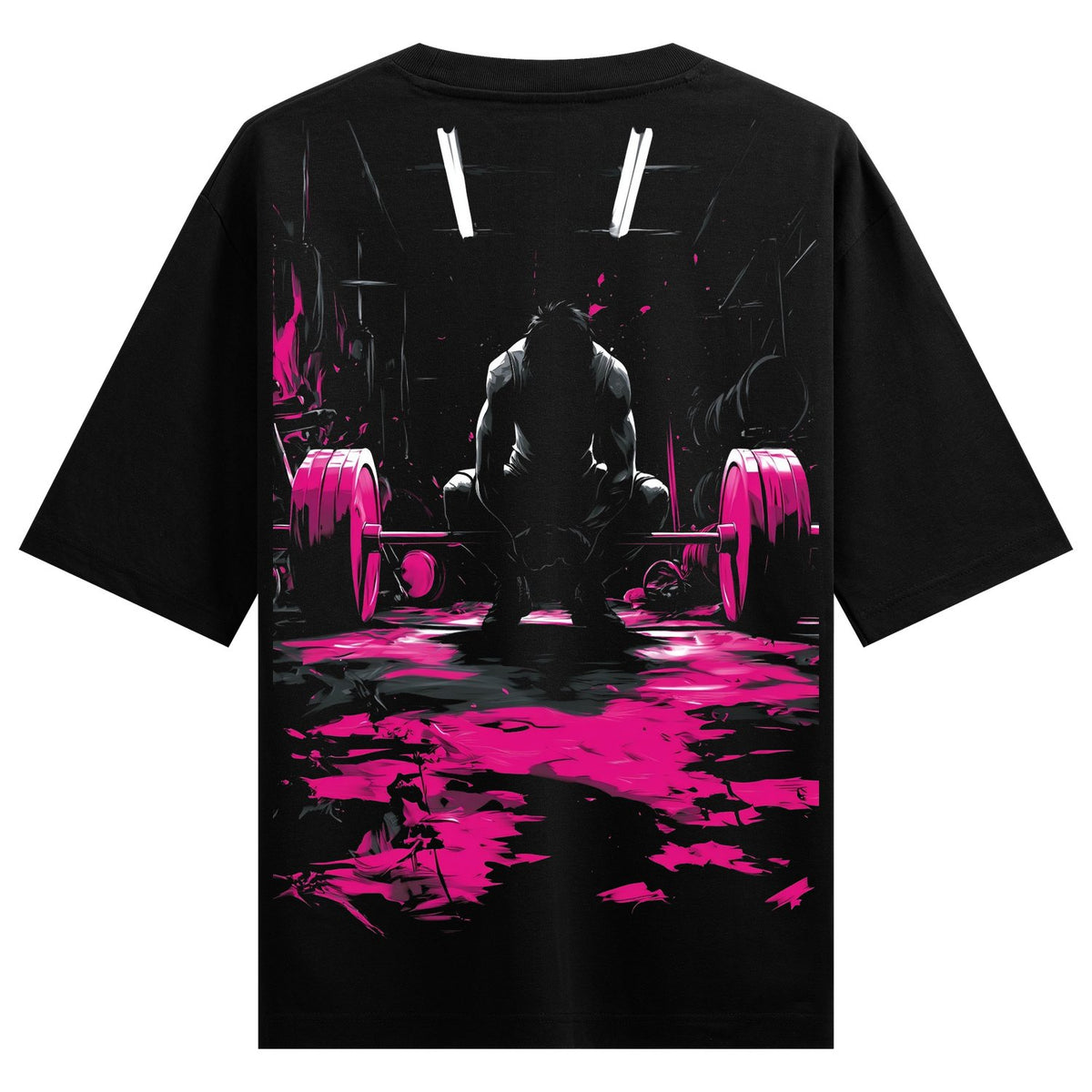 Pink Blood Sweat Oversized T-Shirt — a weightlifter silhouette crouching over a barbell with pink liquid splatter