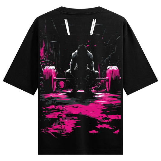 Pink Blood Sweat Oversized T-Shirt — a weightlifter silhouette crouching over a barbell with pink liquid splatter