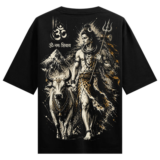 Lord Shiva with a trident and Nandi the bull depicted in a dynamic textured style with mountains and abstract splashes of...