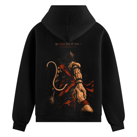 Rakshak's Hand Oversized Hoodie — a muscular deity with trident and snake in red cloth against dark background