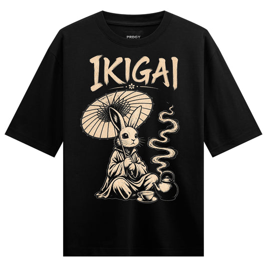 Ikigai Oversized T-Shirt by PRDGY — cream rabbit in traditional robes with tea set, japanese design