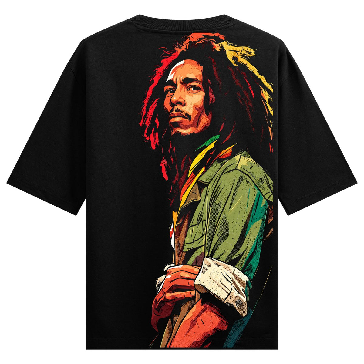 Reggae Icon Oversized T-Shirt — a colorful illustration of a man with dreadlocks in a green shirt, set against a vibrant