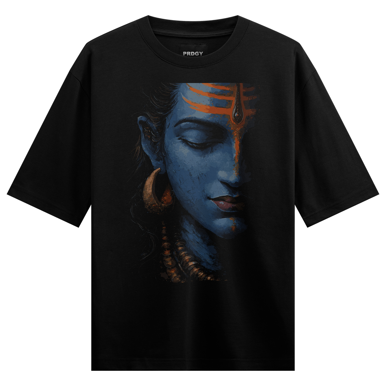 Shiva Divine Oversized T-Shirt by PRDGY — Mystical Shiva portrait with blue face and orange sacred marks, spiritual design.