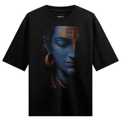 Shiva Divine Oversized T-Shirt by PRDGY — Mystical Shiva portrait with blue face and orange sacred marks, spiritual design.