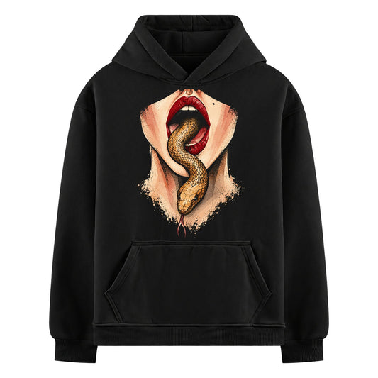 Snake Kiss Oversized Hoodie — a golden snake with red tongue emerging from red lips with cream splatter effect around