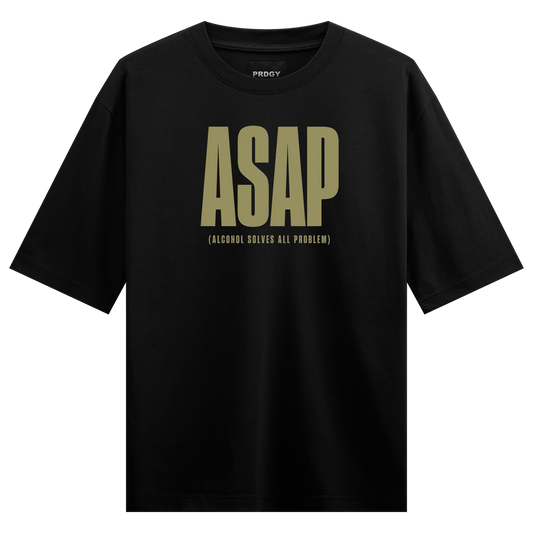 A black t-shirt features the word ASAP in large gold block letters with a smaller gold text tagline below it on PRDGY over...