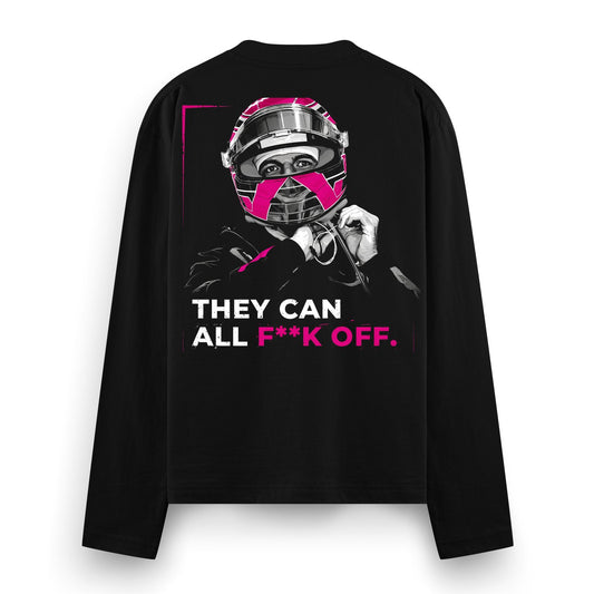Helmet Rebellion Full Sleeve T-Shirt by PRDGY — stylized driver portrait with a bold F** Off message, motorsport design