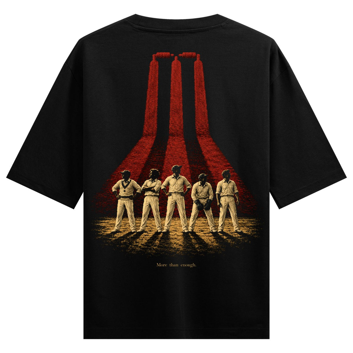 OG Squad  Oversized T-Shirt — five cricket players in white uniforms stand under three red vertical beams casting long