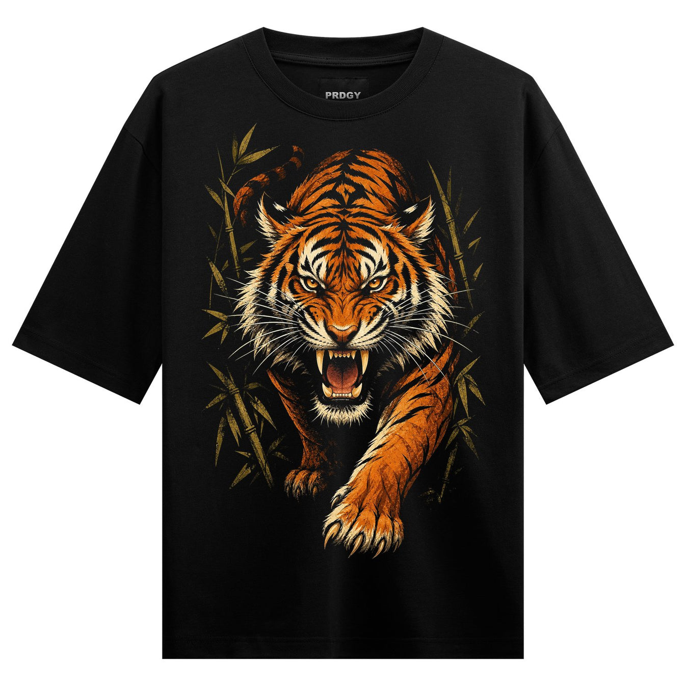 A detailed illustration of a roaring tiger with sharp teeth and orange and black stripes set against a dark background wit...