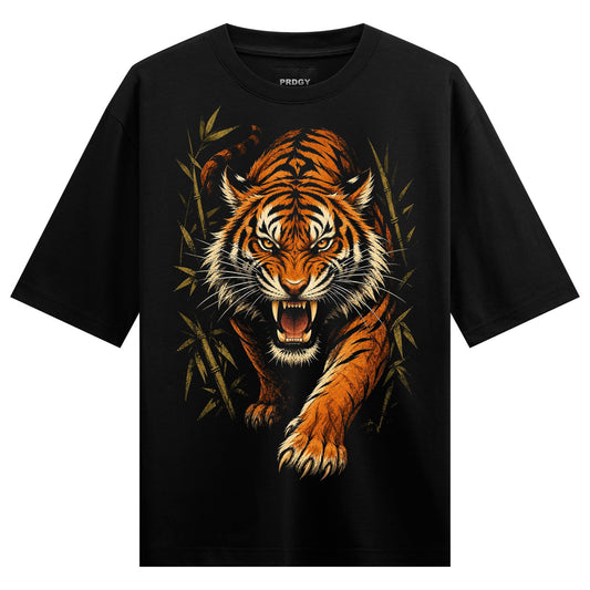 A detailed illustration of a roaring tiger with sharp teeth and orange and black stripes set against a dark background wit...