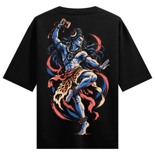 Dance of Shiva Oversized T-Shirt — Blue-skinned Shiva figure dancing dynamically with trident, snake, crescent moon