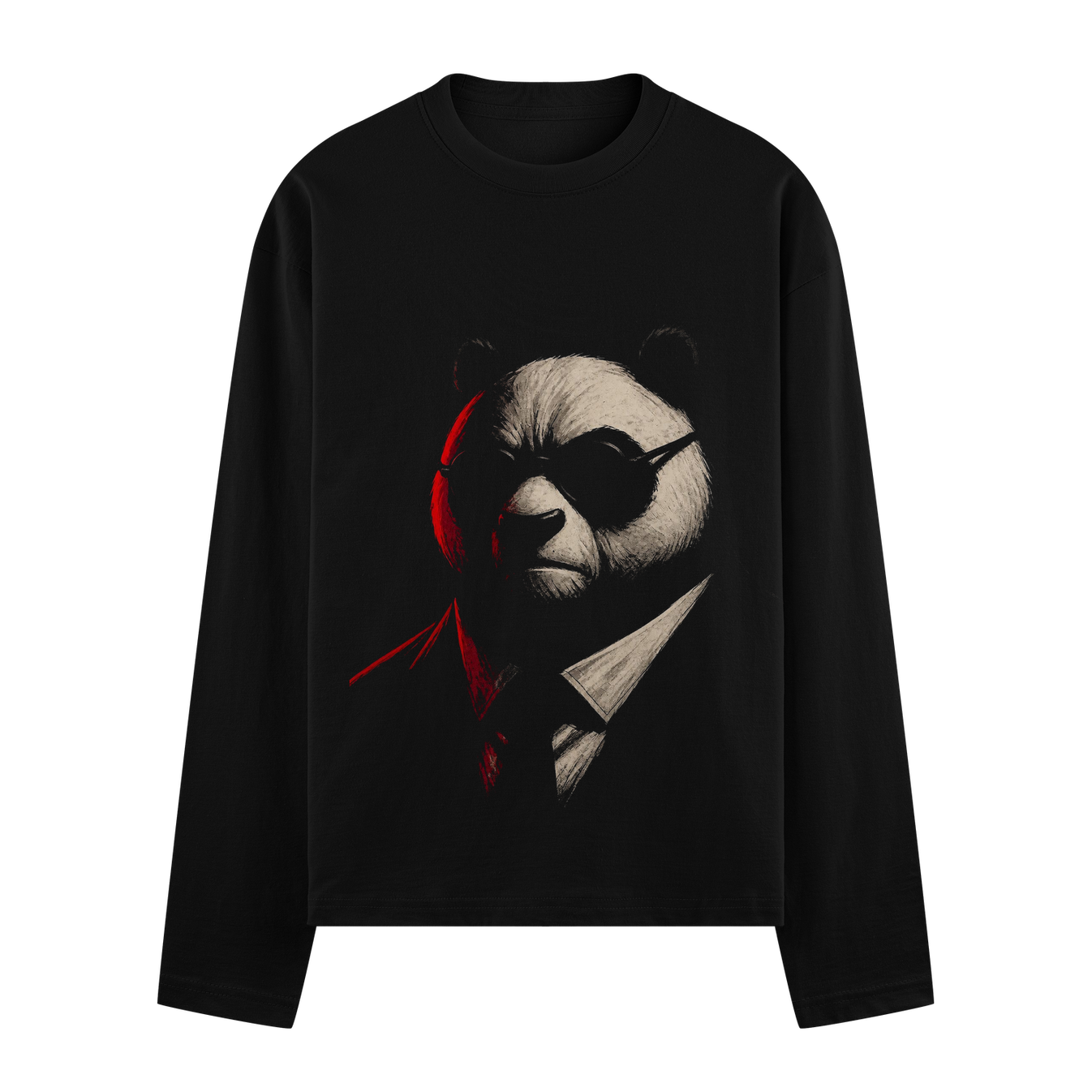A black t-shirt features a close-up illustration of a panda wearing black sunglasses and a suit with dramatic red and whit...