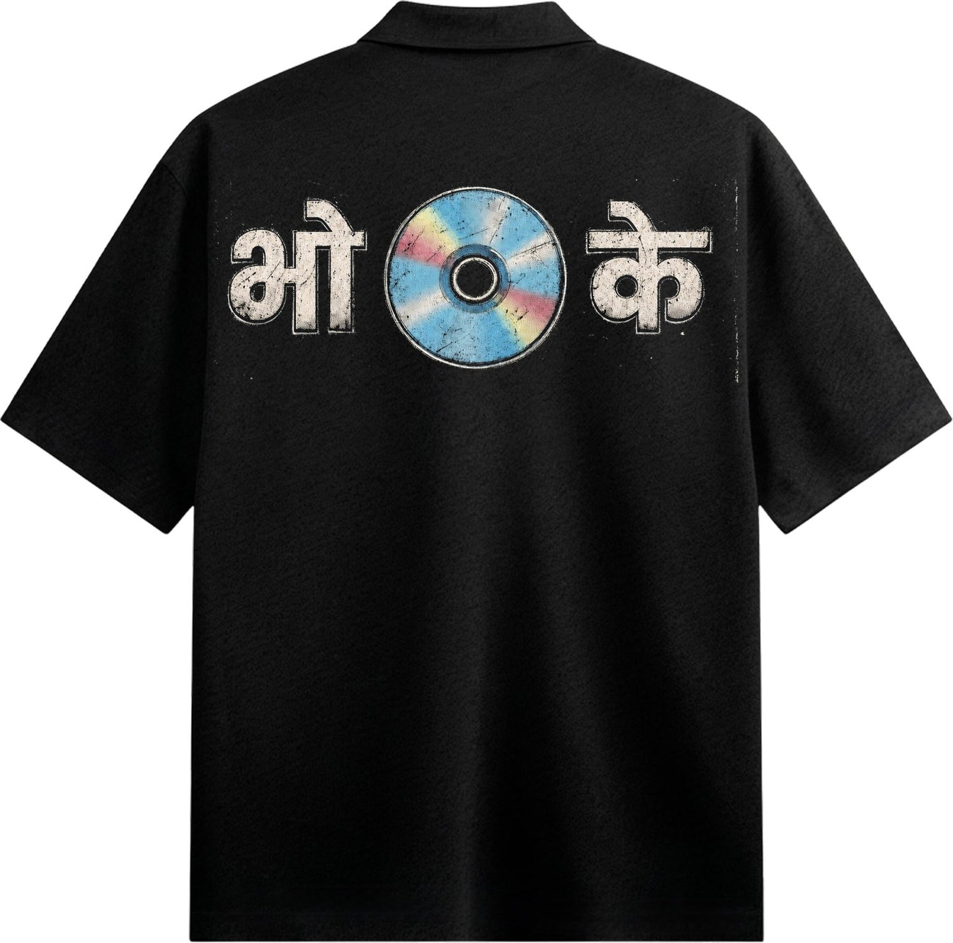 The back of a black collared shirt features Hindi text and a colorful distressed CD graphic with blue pink and yellow hues...