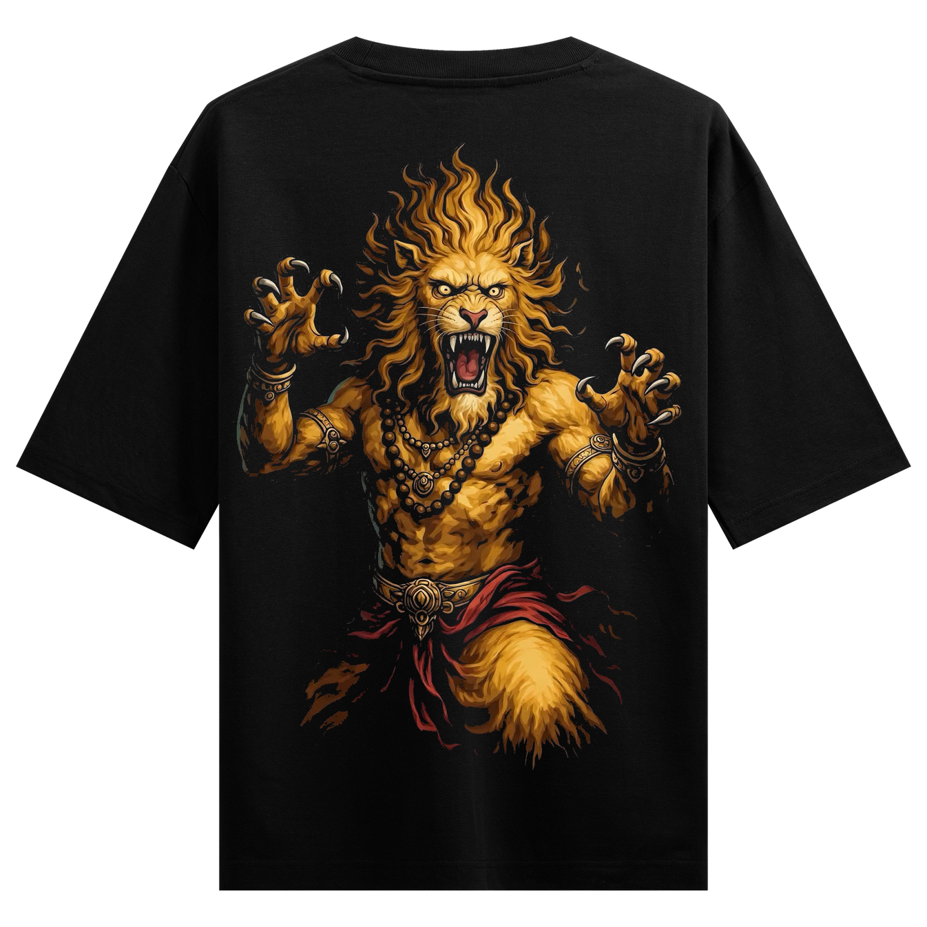 Narsimha Roar Oversized T-Shirt by PRDGY — fierce lion humanoid figure in bold colors, spiritual design