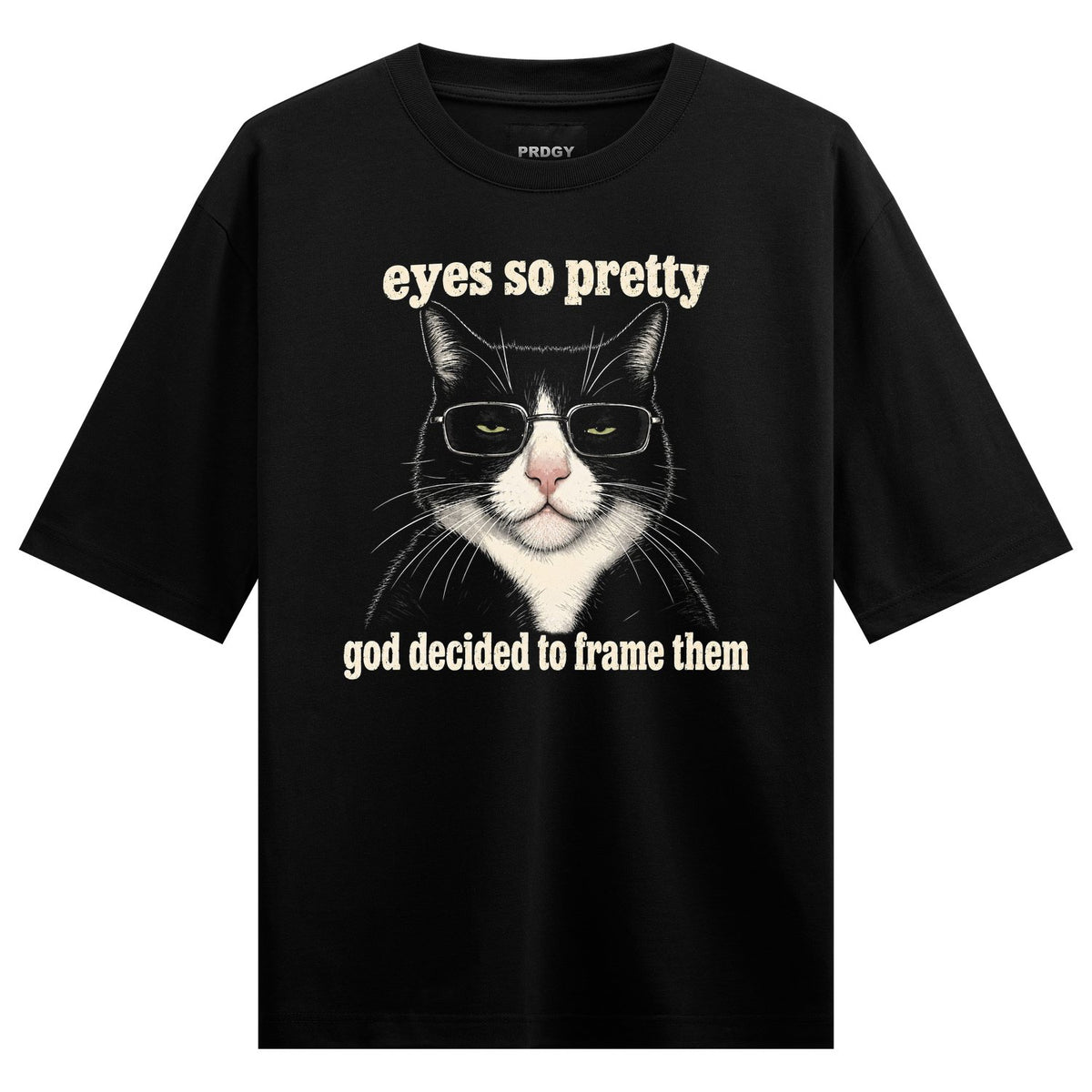 Pretty but Punished Oversized T-Shirt by PRDGY — humorous cat illustration with glasses, humour design