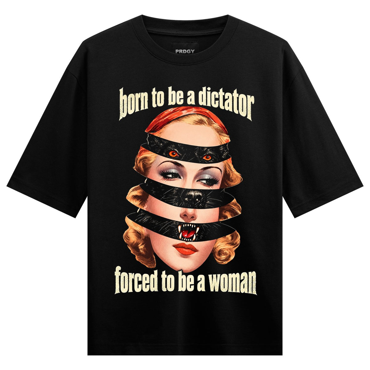 Dictator Woman Oversized T-Shirt — a woman's face sliced by black tape revealing cat eyes, fangs, red lips, and orange hair