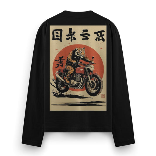 GT Full Sleeve Full Sleeve T-Shirt by PRDGY — fierce tiger riding a vintage motorcycle against a rising sun, streetwear