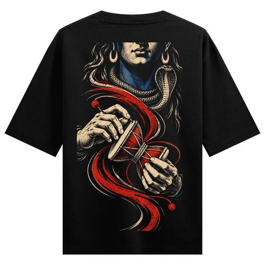 Timeless Shiva Oversized T-Shirt — Blue-skinned deity with snake and hourglass held by hands, surrounded by red swirling