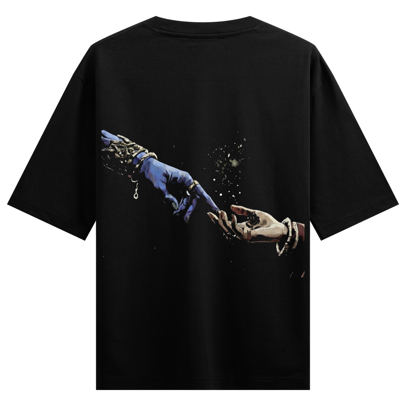 Divine Touch Oversized T-Shirt by PRDGY — a blue hand adorned with jewelry reaching towards a wounded human hand, spiritual