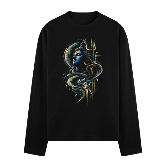 A god with blue skin and flowing hair surrounded by celestial elements like the moon and stars on PRDGY oversized t-shirt