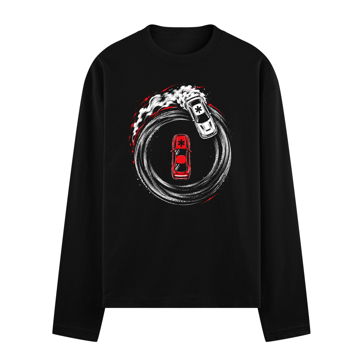 A black t-shirt features a graphic of a white car and a red car in a circular drift pattern with white smoke and red tire...