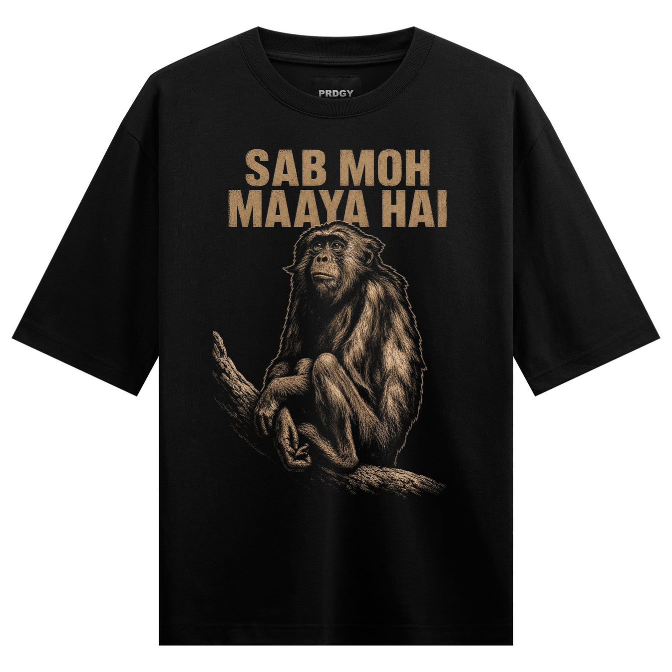 Spiritual Monkey Oversized T-Shirt by PRDGY — illustration of a monkey on a tree branch, animal print design