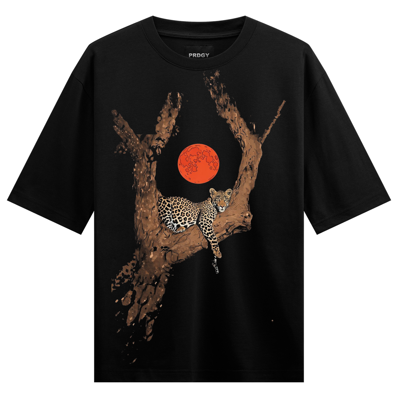 Lunar Leopard T-Shirt by PRDGY — Leopard on tree branch under red moon, animal print design.
