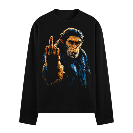 A chimpanzee with blue and orange fur intense eyes and raised middle finger on black fabric on PRDGY oversized t-shirt