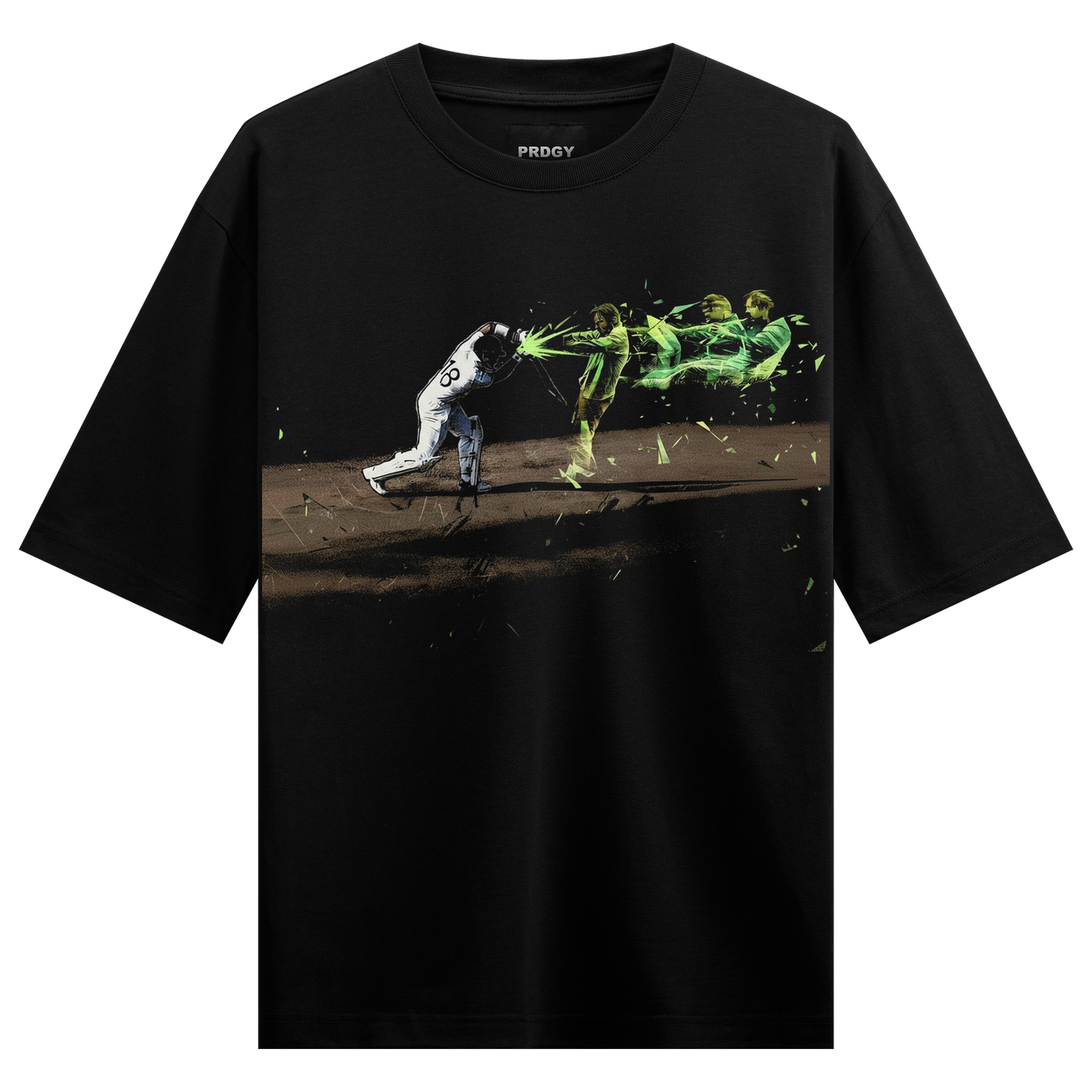 cover soul drive Oversized T-Shirt by PRDGY — intense cricket match with digital glitch effect, cricket design