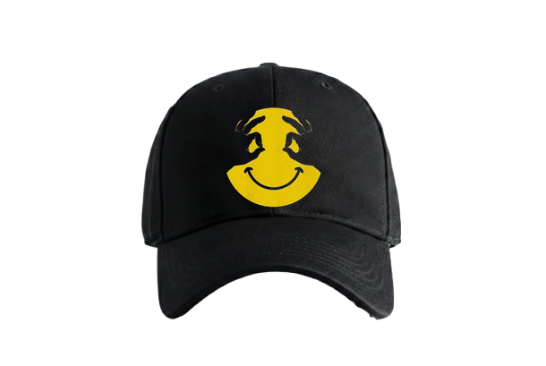 Eye See You Smiley Cap by PRDGY — bright yellow smiley face with hands forming 'okay' signs, quirky design