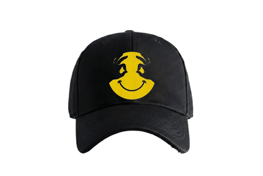 Eye See You Smiley Cap by PRDGY — bright yellow smiley face with hands forming 'okay' signs, quirky design
