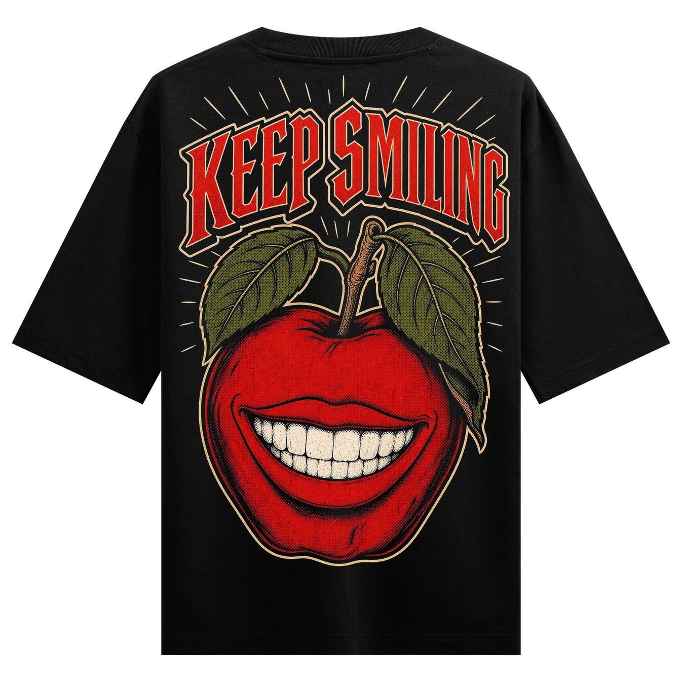 A black t-shirt back print features a red apple with a wide white-toothed smile and green leaves topped with red text read...