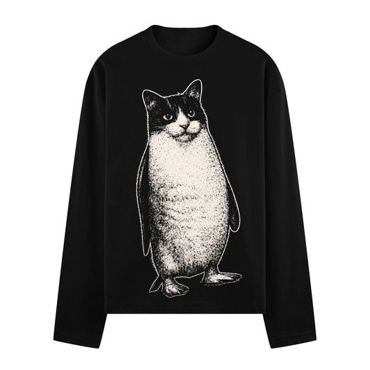 Penguin Cat Full Sleeve T-Shirt by PRDGY — whimsical illustration of a tuxedo cat in a penguin stance, animal design