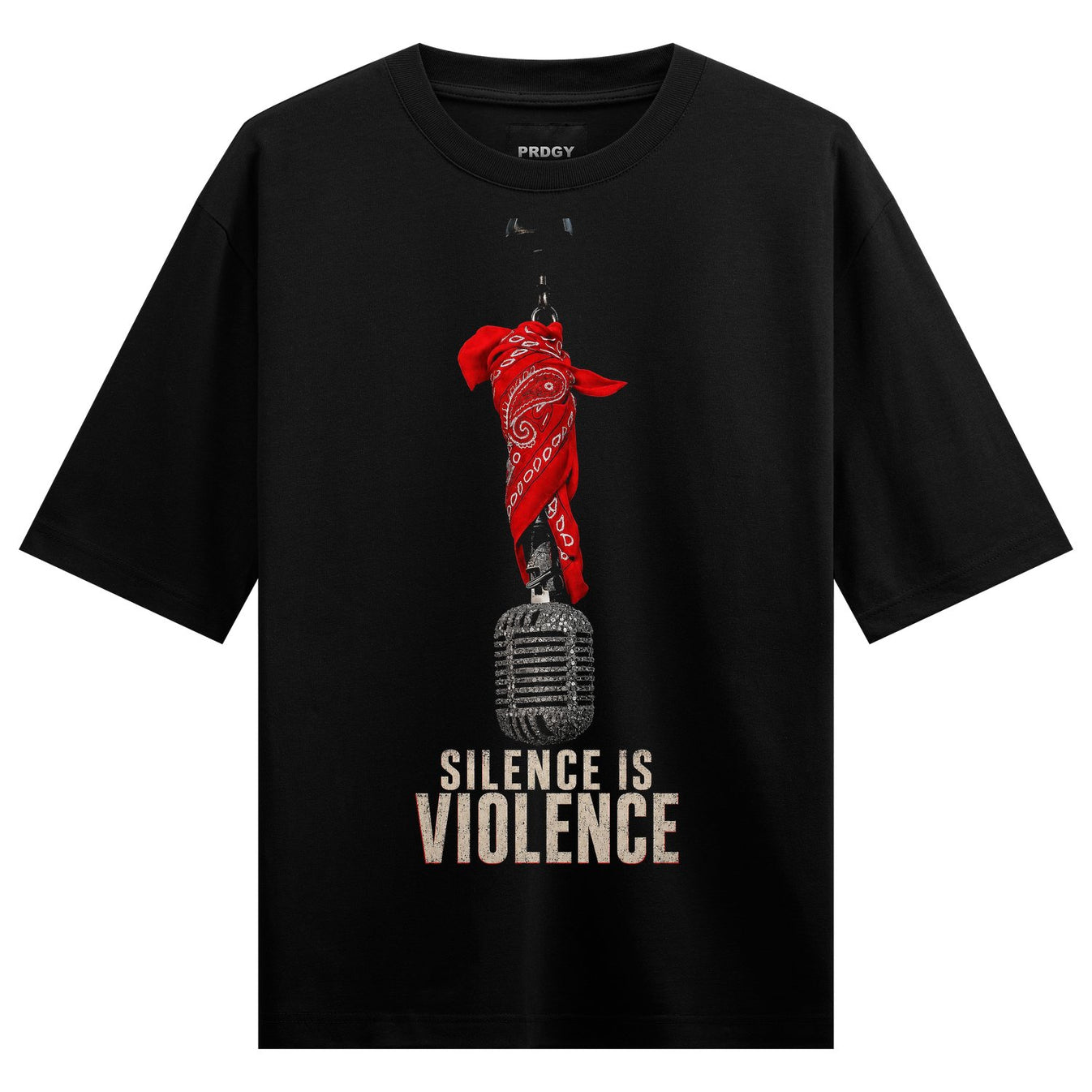 A black t-shirt features a red bandana tied and hanging over a vintage grey microphone with the text SILENCE IS VIOLENCE b...