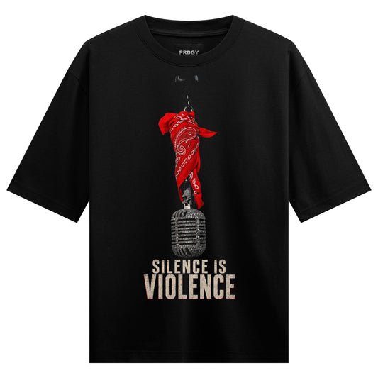A black t-shirt features a red bandana tied and hanging over a vintage grey microphone with the text SILENCE IS VIOLENCE b...