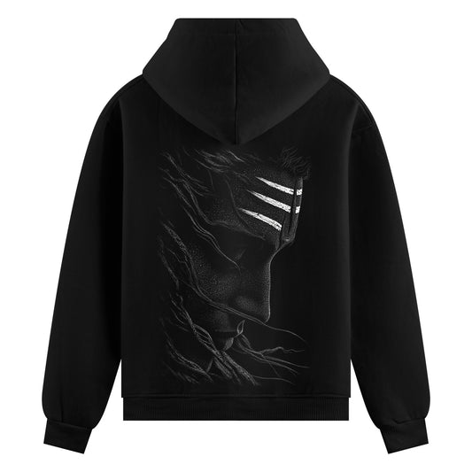 vairagya Oversized Hoodie — a monochromatic graphic of a divine profile with three white stripes on the forehead