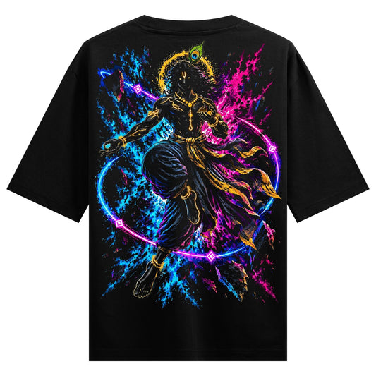 Cosmic Explosion Oversized T-Shirt by PRDGY — Lord Krishna dancing within glowing neon rings, spiritual design