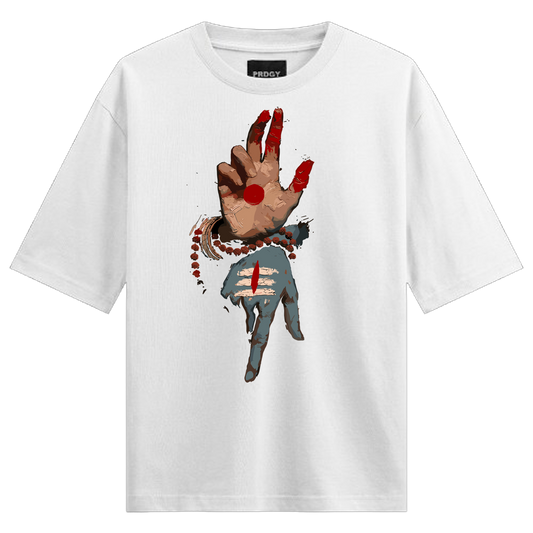 Nataraj Mudra Oversized T-Shirt by PRDGY — graphic of hands with a red dot and third eye, spiritual design