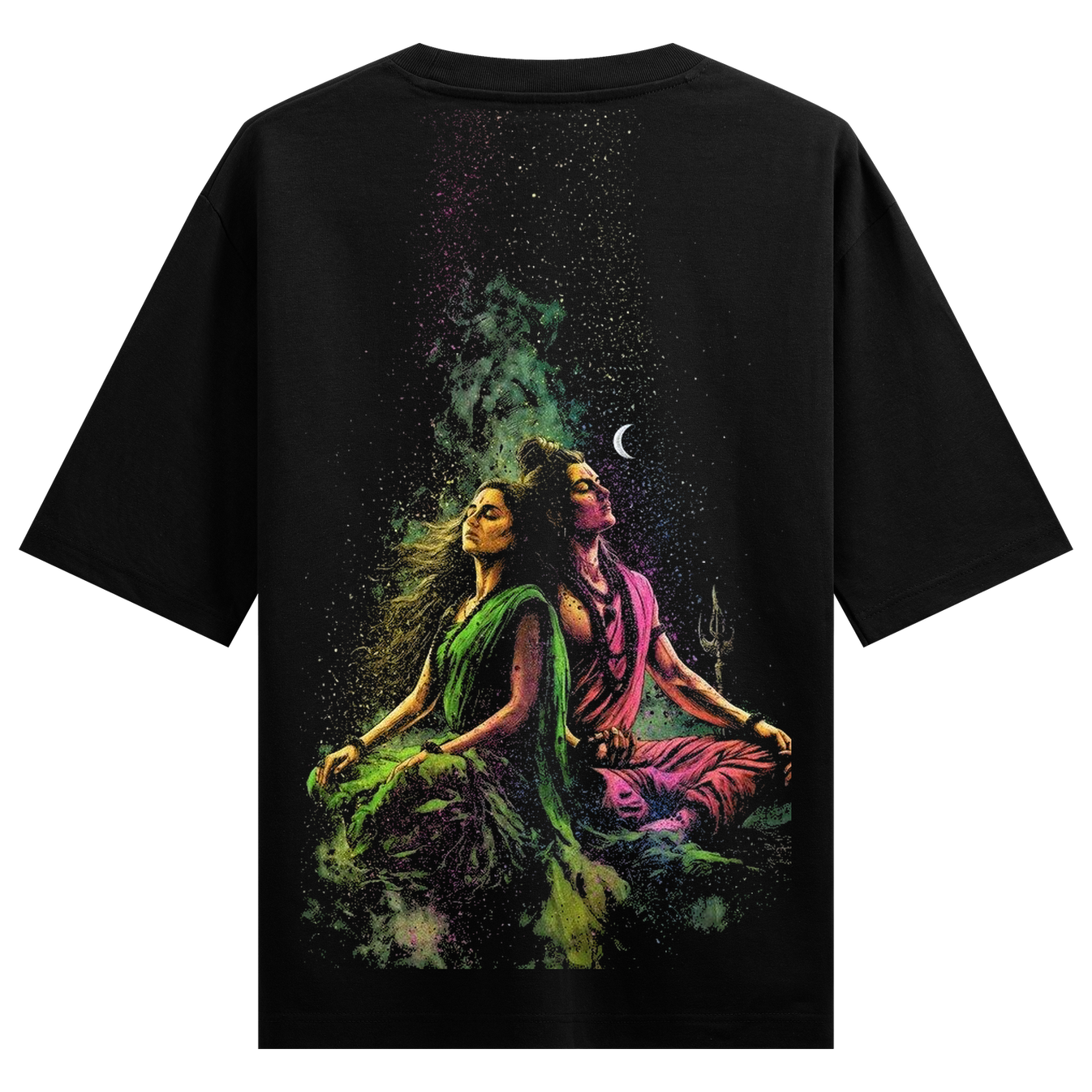 color and Devine Meditation Oversized T-Shirt by PRDGY — illustration of divine figures in meditation against a cosmic