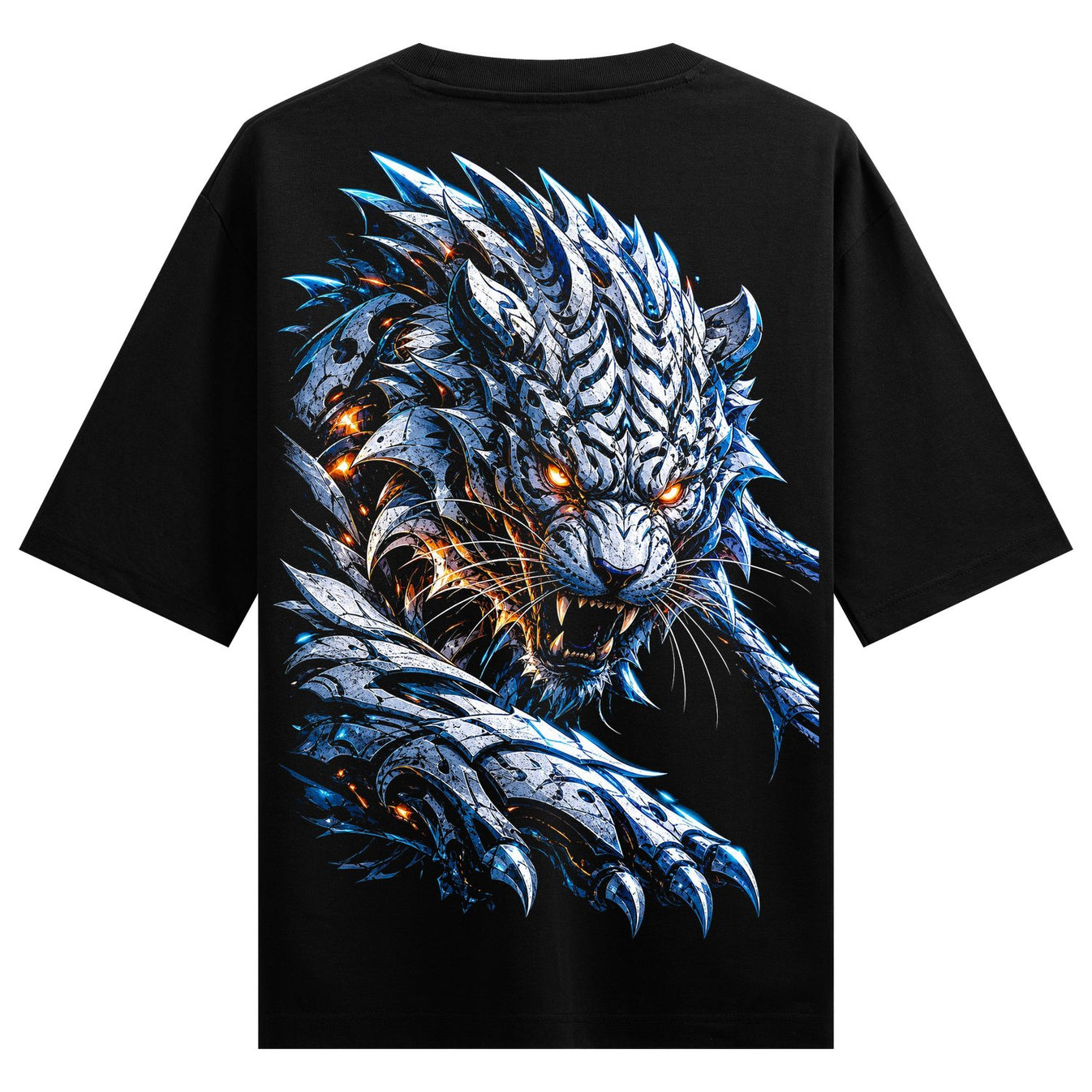 A detailed illustration of a white tiger with mechanical armor and glowing orange eyes depicted on a black t-shirt on PRDG...