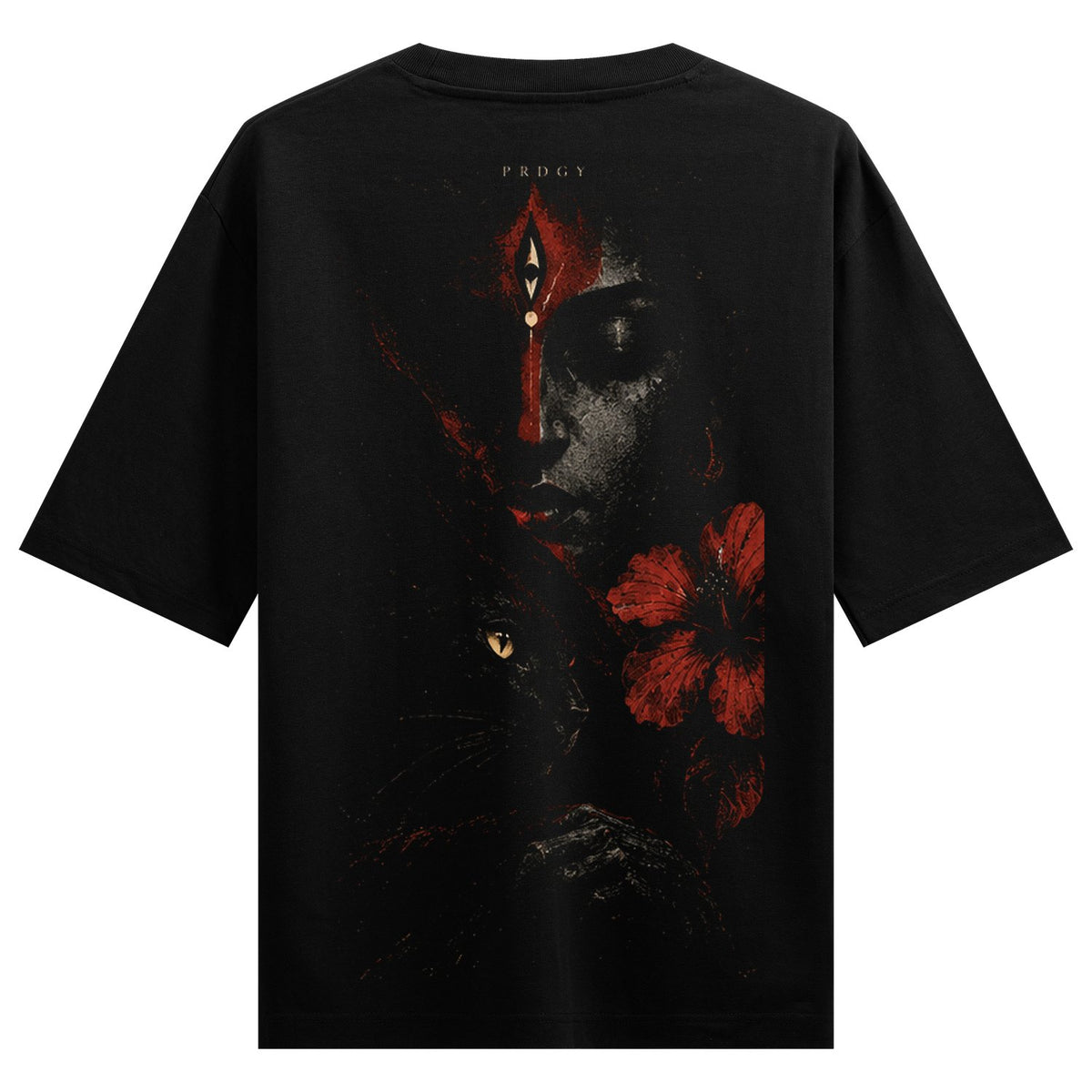 Mystic Gaze Oversized T-Shirt — a serene face with red markings, a black cat, and a red hibiscus flower