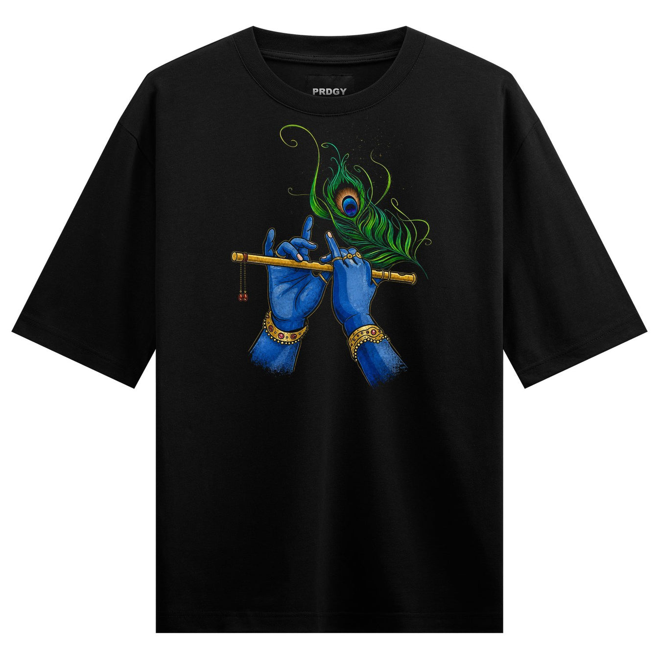 A graphic t-shirt design featuring two blue hands playing a golden flute with a vibrant green and blue peacock feather abo...