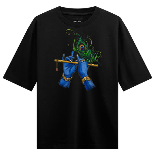 A graphic t-shirt design featuring two blue hands playing a golden flute with a vibrant green and blue peacock feather abo...