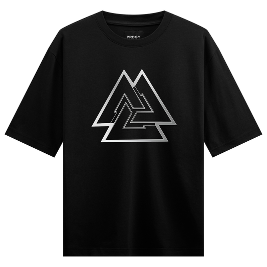 Sacred Geometry Oversized T-Shirt by PRDGY — minimalist geometric mountain graphic with nested triangles, streetwear design.