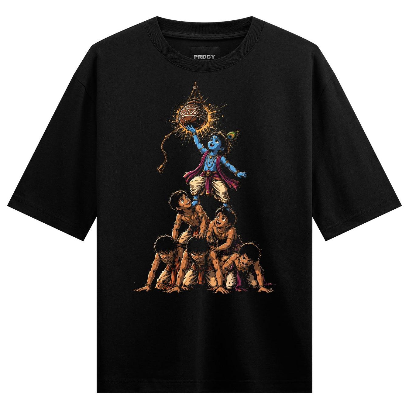 A blue-skinned Krishna stands on a pyramid of children holding a glowing pot of butter aloft against a dark background on...