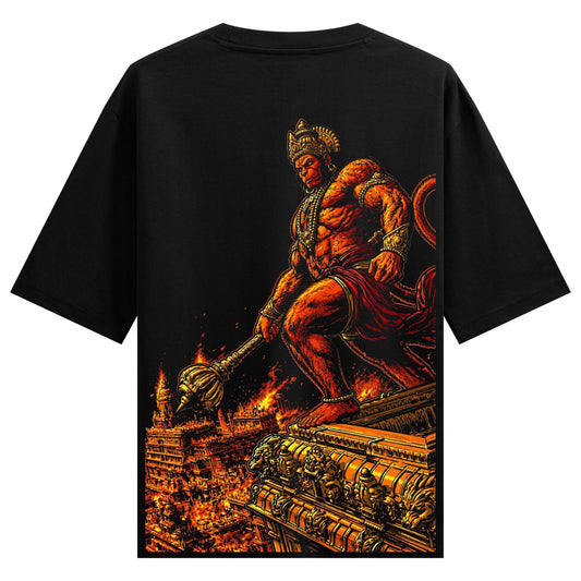 A muscular red-skinned deity with a crown and mace stands on golden architecture engulfed in flames and smoke on PRDGY ove...