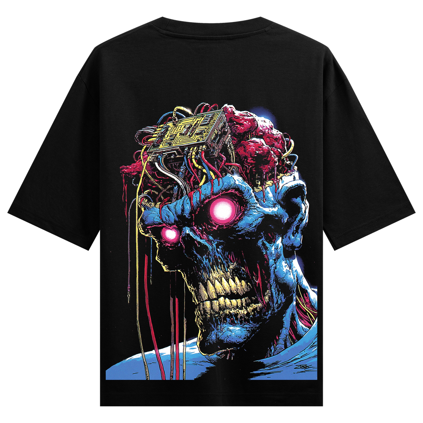 Cybernetic Zombie T-Shirt by PRDGY — detailed illustration of a zombie head with exposed brain and circuitry, cyberpunk