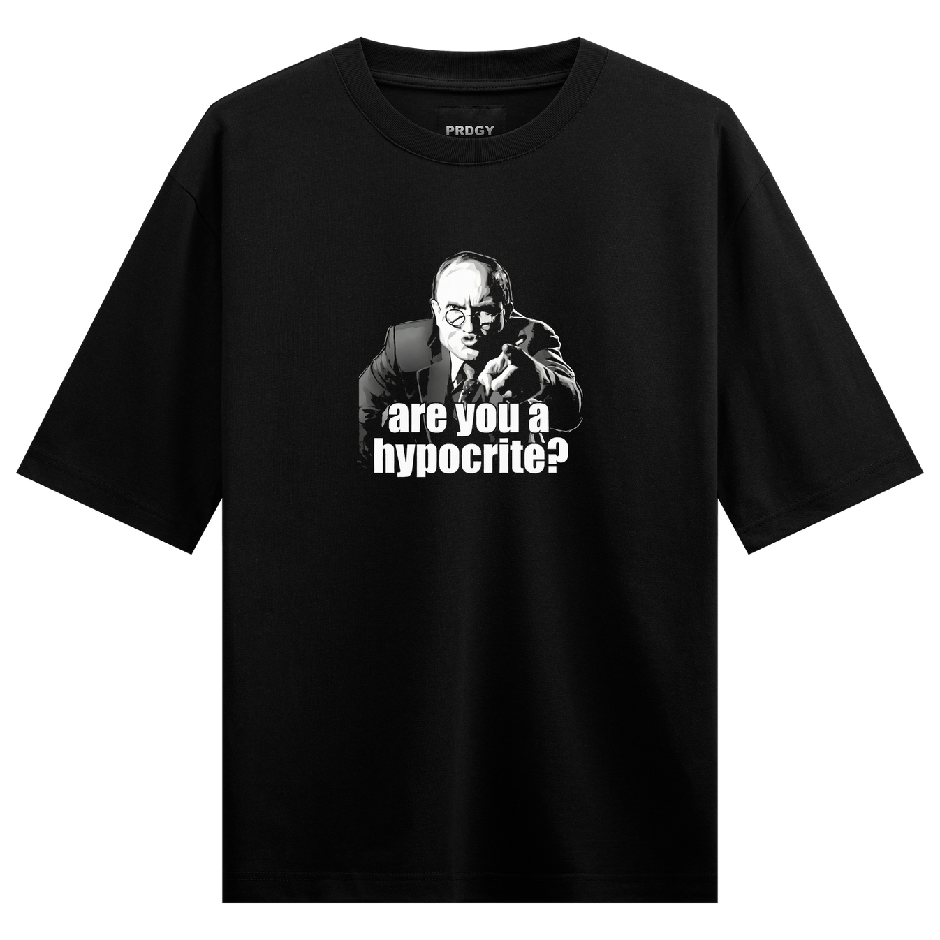 Hypocrite Question Oversized T-Shirt by PRDGY — striking imagery and bold text challenging hypocrisy, political design