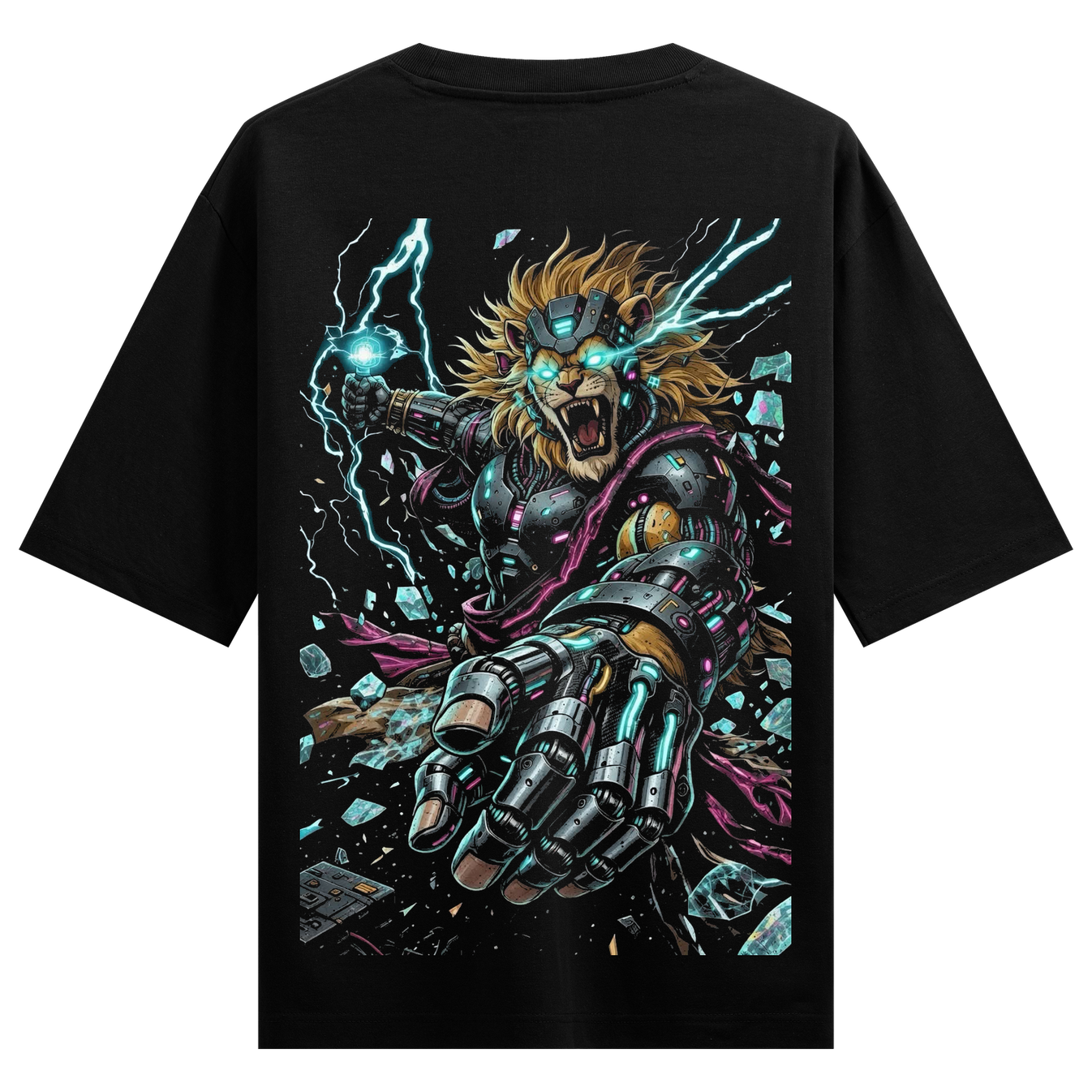 Modern Narsimha Oversized T-Shirt by PRDGY — Futuristic lion with cybernetic armor and electrical power, spiritual design