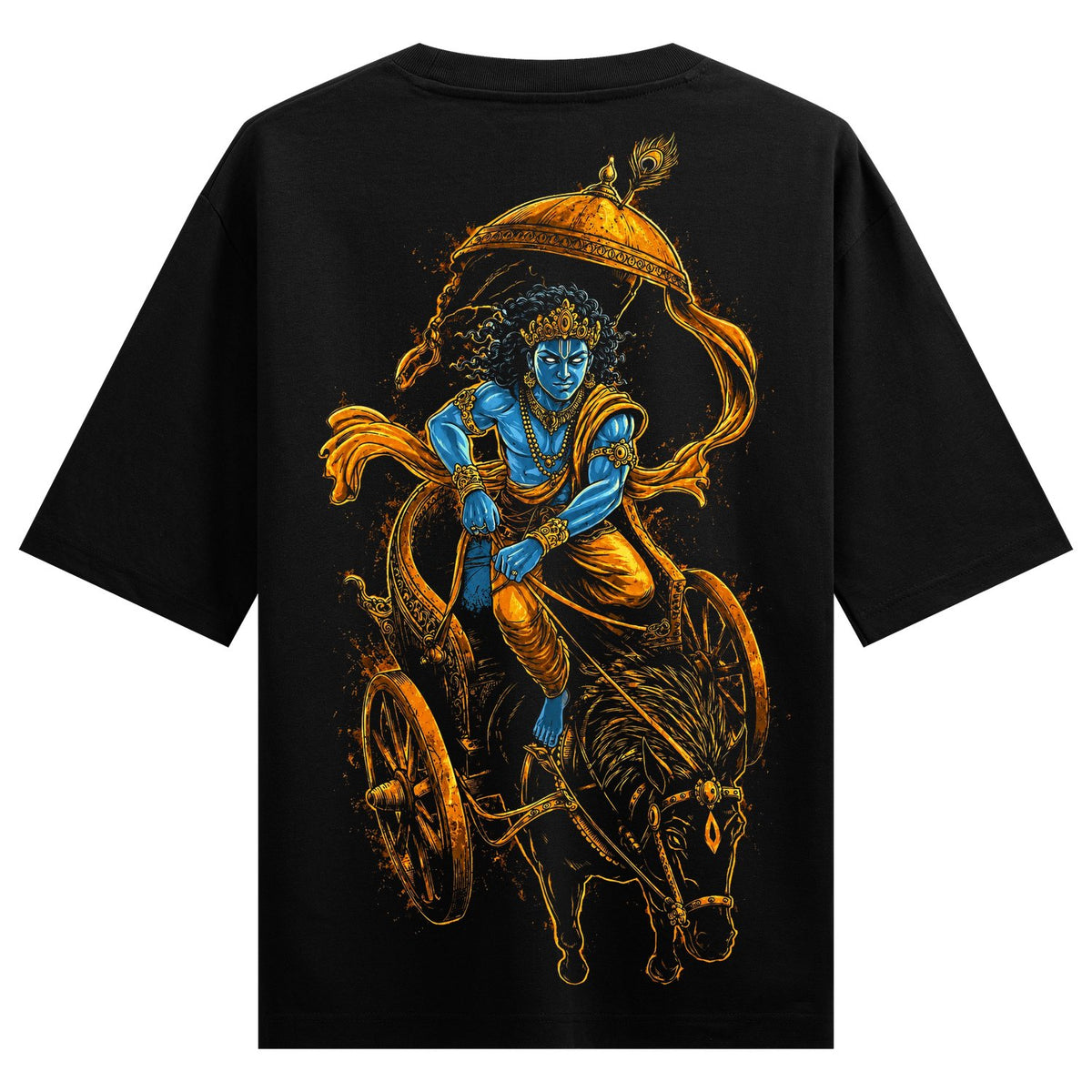 A blue-skinned deity with golden adornments drives a golden chariot pulled by a horse under a golden umbrella with a peaco...